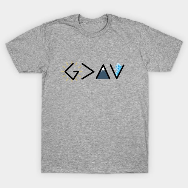 God is greater than the highs and the lows from Romans 8:28, black text T-Shirt by Selah Shop